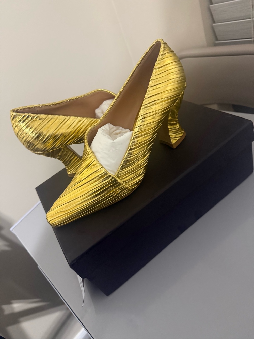 Bottega Veneta Gold Pleated Pointed-Toe Pump with Block Heel